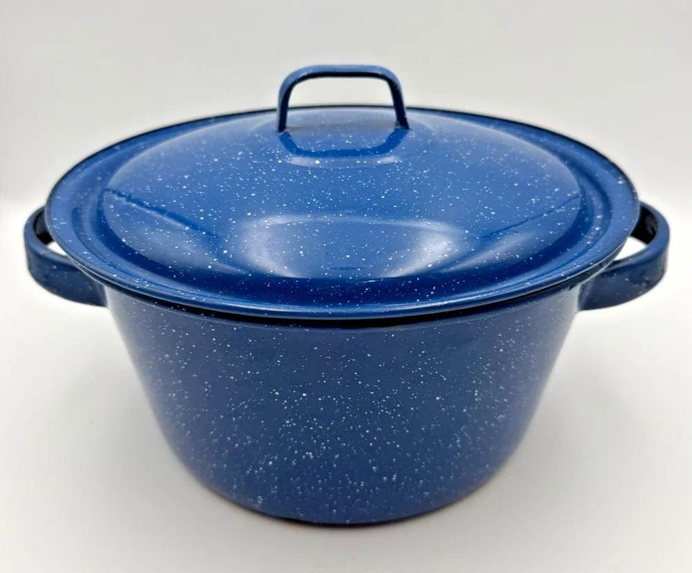 Vintage Farmhouse Royal Blue Speckled Enamel Stock Pot Graniteware Distressed